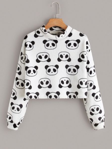 

plus panda pattern drop shoulder flannel pullover z8qa#, Black