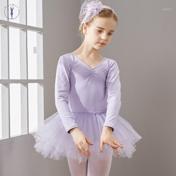 

combed cotton ballet dress tutu ballet dance dress for girls kids children long sleeves tulle dance1, Black;red