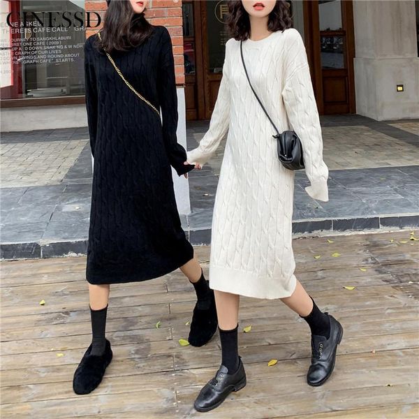 

new 2021 autumn winter women dresses knitted long sleeve korean style fashionable oversize warm elegant lady midi dress, Black;gray