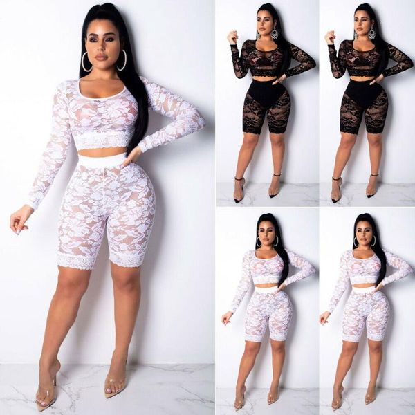 

women's two piece pants 2pcs set full lace women floral stretch deep o neck crop blouse+elastic shorts set1, White