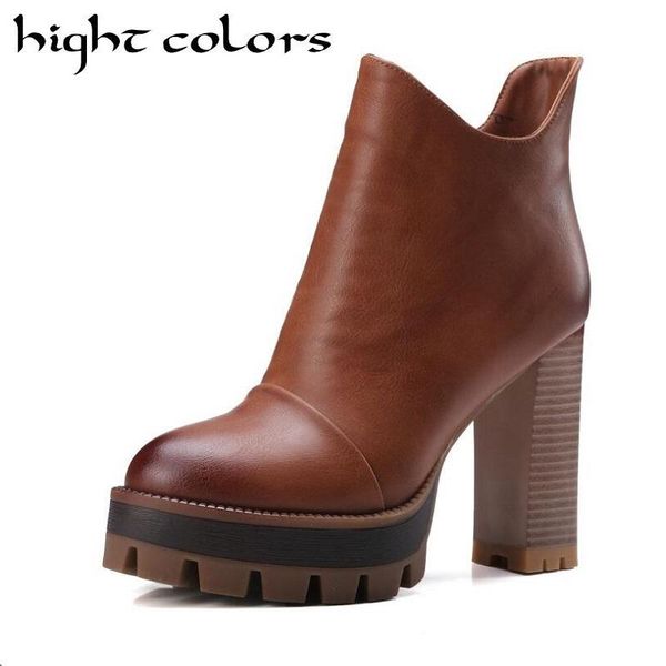 

boots womens faux leather comfortable ankle platform high heel booties for women fashion vintage shoes black brown good quality