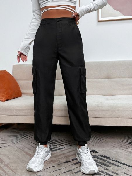 

petite flap pocket side cargo pants 60x6#, Black;white
