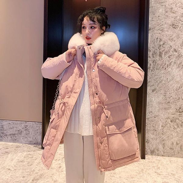 

women's fur collar drawstring adjustable waist oversized jacket medium long hooded chic warm winter coat female 2020 new1, Black