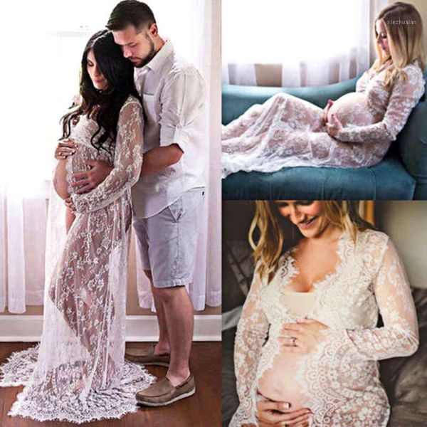

maternity dresses summer pregnant lace dress women front split long maxi black&white gown pography prop see through1