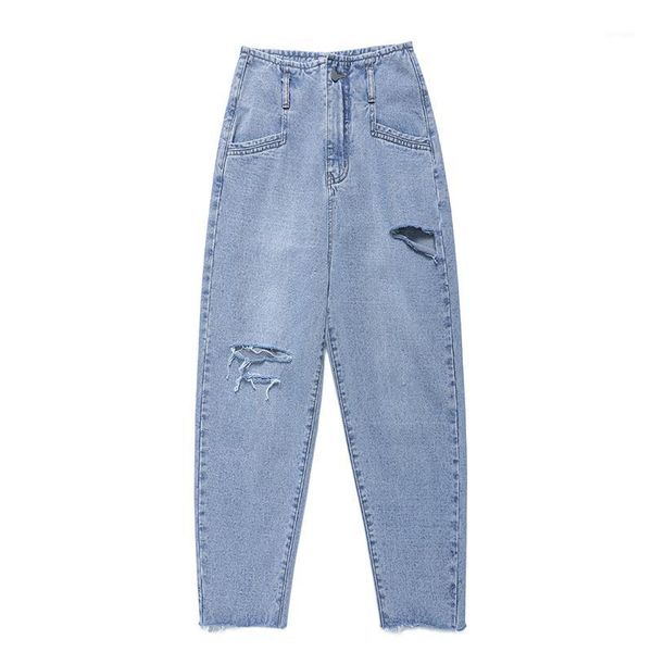 

women solid hole jean pants 2020 high waist ropa mujer jeans clothes fashion denim loose wide leg pant new trousers p93321, Blue