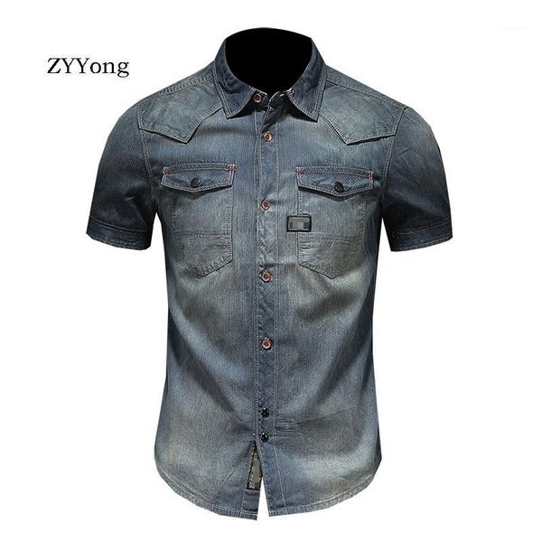 

zyyong men's denim short sleeve shirt blue casual fashion retro comfortable short sleeve motorcycle denim shirt men1, White;black