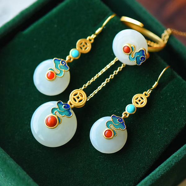 

2020 fashion classical style gold color enamel auspicious cloud mosaic imitation hetian jades jewelry sets ring earring necklace jewelry, Silver