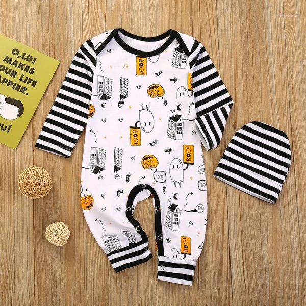 

long sleeve baby clothes girls boys jumpsuit halloween pumpkin print clothes set infant romper hats 2pcs outfits 0-24 months1, White
