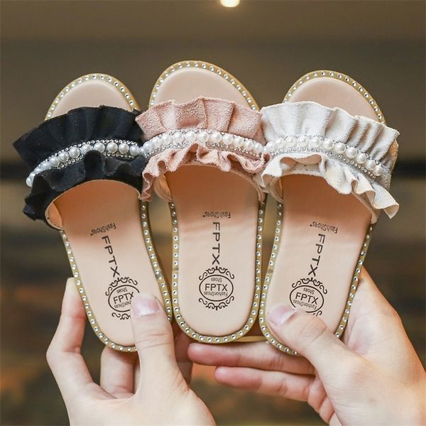 

sandals for kids girls pearls crystal ruffles princess shoes sandals slippers crystal single princess toddler roman shoes y200619, Black;red