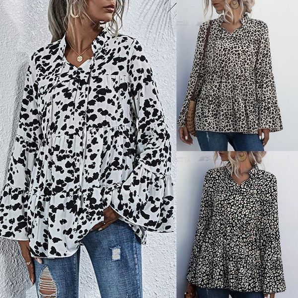 

leopard print blouses for women 2020 autumn korean flare sleeve lace up v neck shirts loose streetwear elegant ladies 1, White