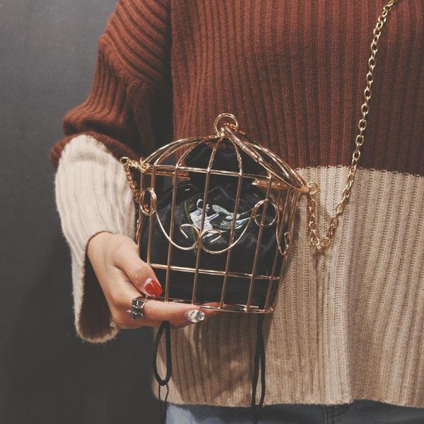 

women's birdcage evening bag clutch metal frame embroidery bucket bird cage mini bag purse women gold tassel handbag