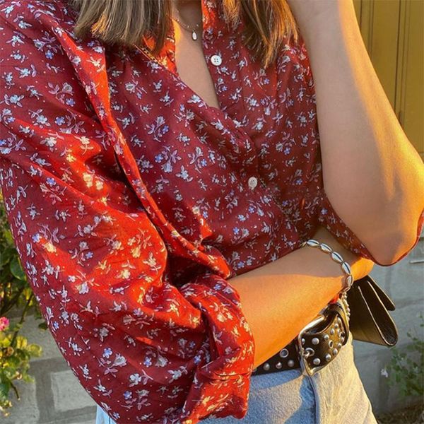 

2020 new womens floral blouse o-neck single-breasted lady casual shirt top, White