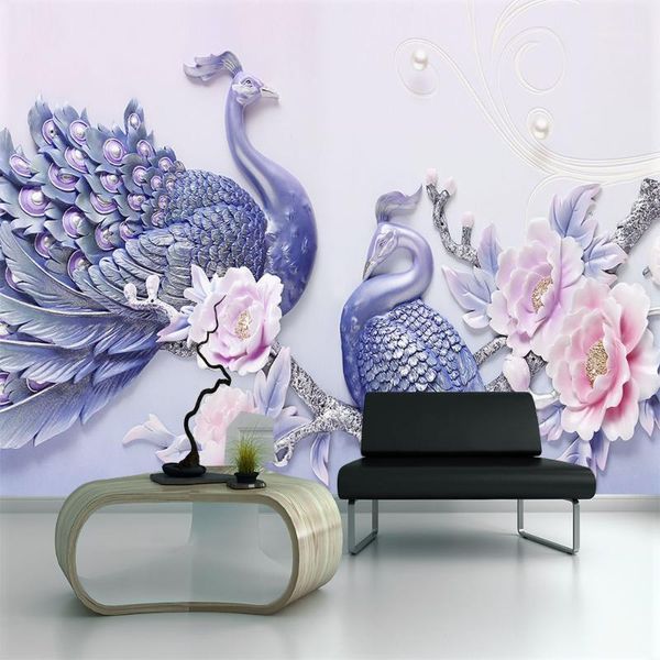 

wallpapers seamless wallpaper modern minimalist 3d relief peony peacock tv background wall painting1