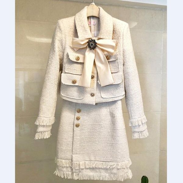 

skirt suits women runway luxury designers elegant office ladies formal tweed blazer jacket mini skirt 2 piece set winter outfits, White