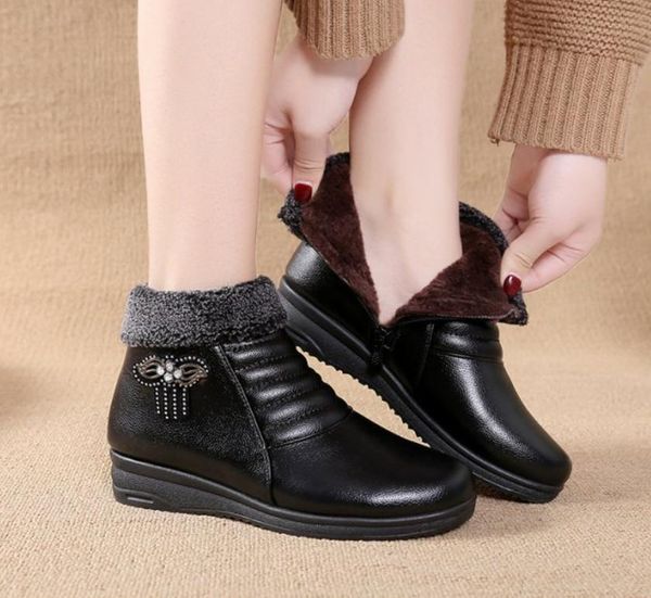 

boots winter genuine leather women snow famale zipper warm fur ankle women's casual shoes, Black