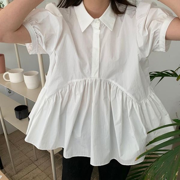 

women's blouses & shirts 2021 casual women white black shirt short sleeve turn down collar ruffles office lady blouse chic fashion kore