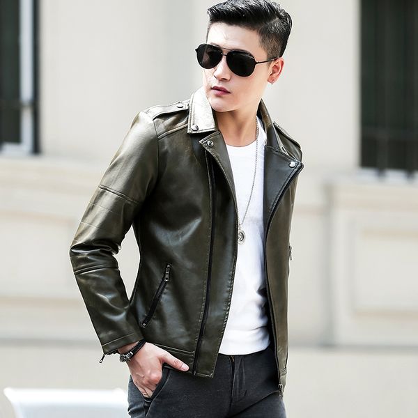 

mens jacket lapel leather men's casual korean style trend slim handsome youth kg-692, Black