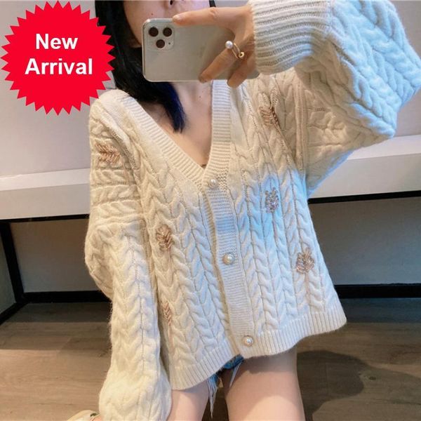 

2021 new women's fashions dress new autumn with single curled neckline breasted loose sweater cardigans irqx, White;black