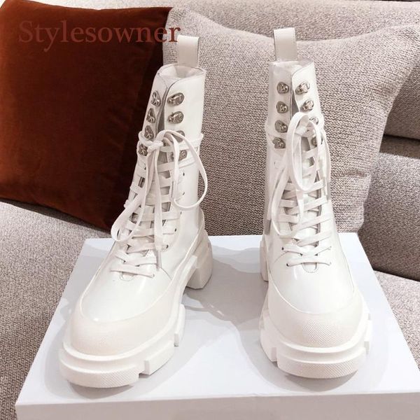 

white thick-soled height increasing lace-up woman motorcycle boots genuine leather round toe mid-calf designer brand boots 20211, Black