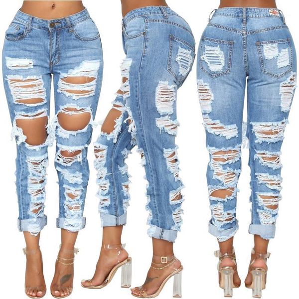 

women casual jeans fashion washed distressed hole denim pants high street stretch skinny straight-leg jeans beggar pants1, Blue