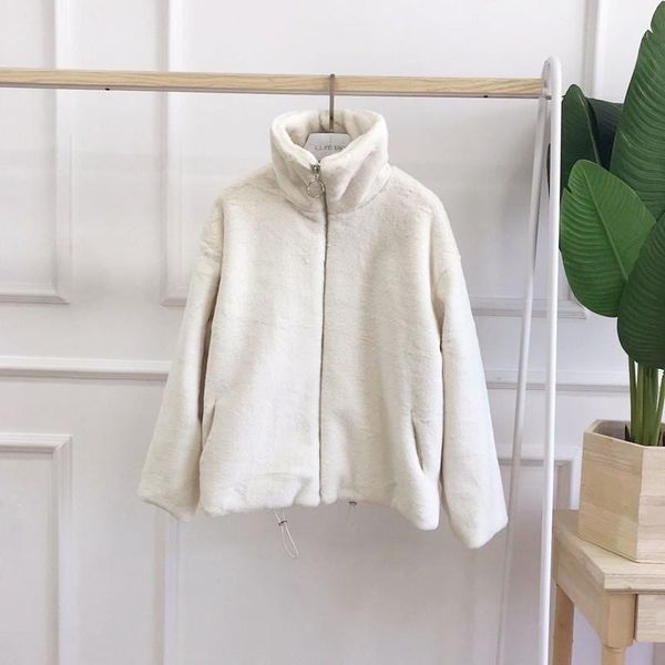 

2021 women winter fashion faux rex fur coat short jacket long sleeve loose zipper thick warm overcoat ladies clothes a5231, Black