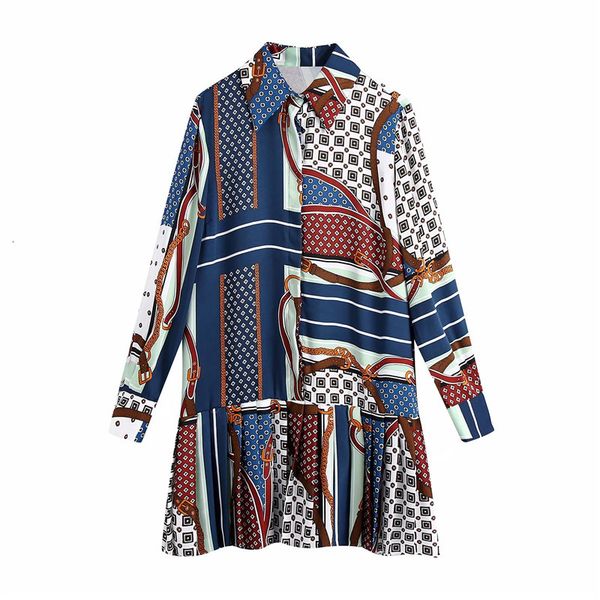 

2021 new printed pleated women autumn lapel collar long sleeve button up shirt mini dress woman loose casual ladies dresses 4e62, Black;gray