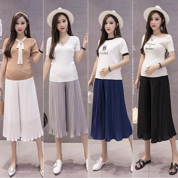 

wide leg pleated chiffon maternity capris spring summer across belly short pants clothes for pregnant women pregnancy skirts, White