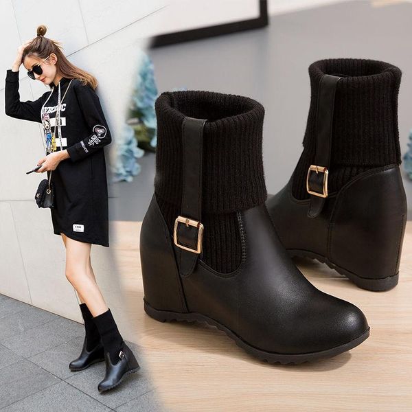 

spring 2020 fashion plus size 34-43 elegant leather boots women winter casual shoes hidden increase wedges boots ladies, Black