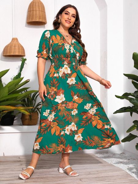 

plus tropical print puff sleeve shirred dress 87wc#, Black