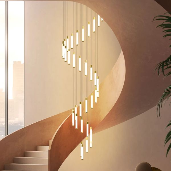 Langer Kronleuchter im modernen Design, dekorative Deckenleuchte, ideal für Loft-Wohnzimmer-Treppen-Esszimmer-LED-Rotationslampen
