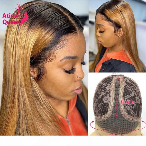 

honey blonde ombre t part lace wig human hair transparent lace wigs preplucked hd frontal wig remy colorful front, Black;brown