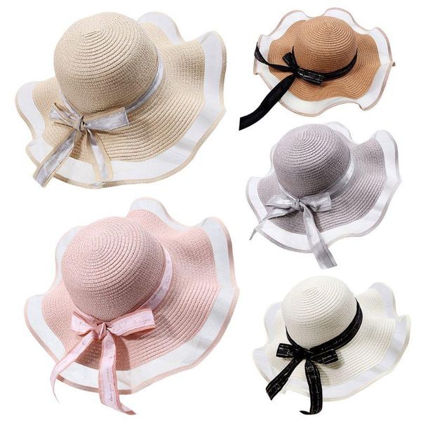 

women summer straw floppy sun hat mesh patchwork wavy wide brim ribbon bowknot elegant sunscreen beach cap chin strap, Blue;gray