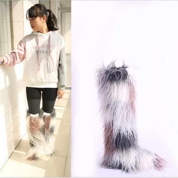 

2020 fashion snow boots shoes women faux fur winter warm over the knee high style new fluffy female boots big size shoes, Black
