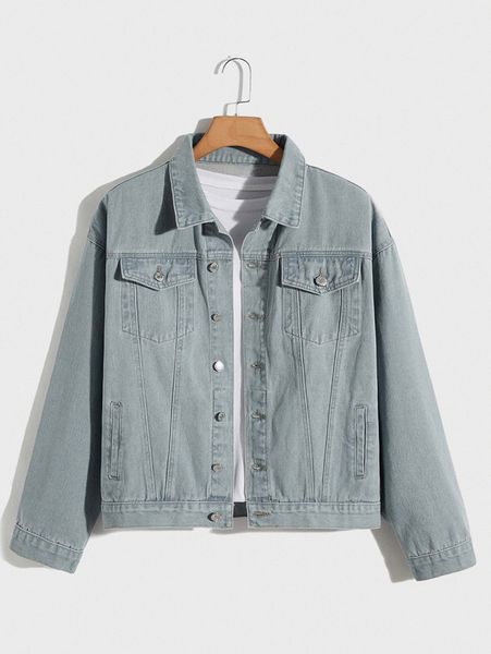 

romwe guys solid button front drop shoulder denim jacket h16w#, Blue