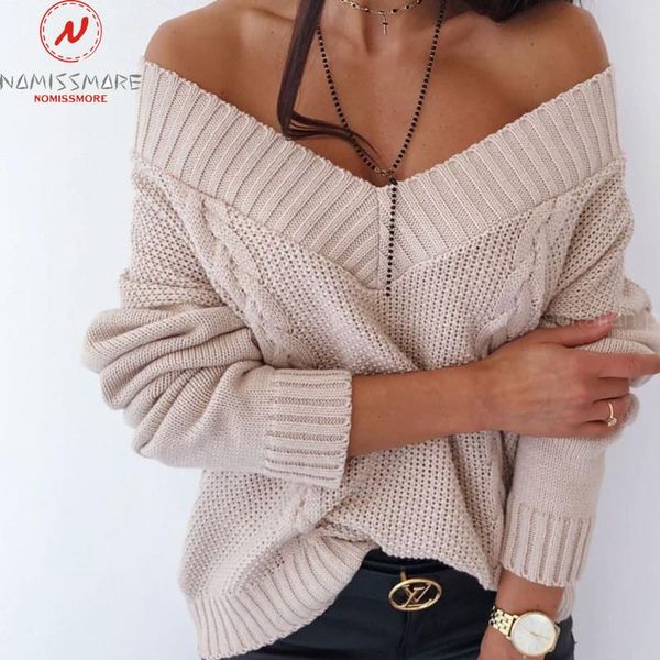 

fashion women spring autumn sweaters hollow out design v--neck long sleeve solid color casual loose pullovers knitted top, White;black