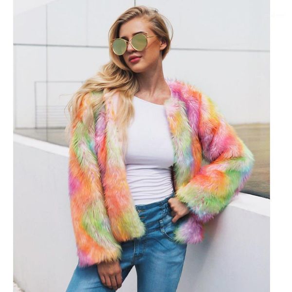

savabien 2020 rainbow faux fur coat long sleeve o neck furry luxury fake fur jacket festival overcoat cardigan streetwear female1, Black