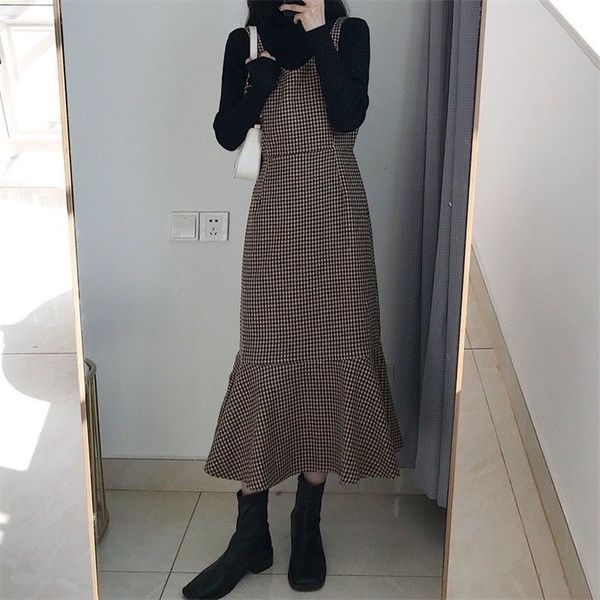 Escritório dois pedaço conjunto vintage preto de manga cheia de malha pulôver camisola top + houndstooth ombro strap sereia vestido terno 220302