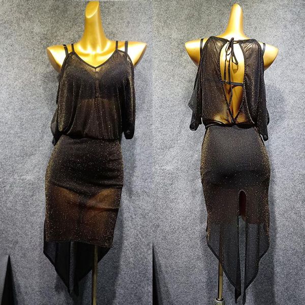 

latin dance dress ladies black mesh perspective backless dresses salsa samba tango cha cha dancing practice wear dn38451, Black;red