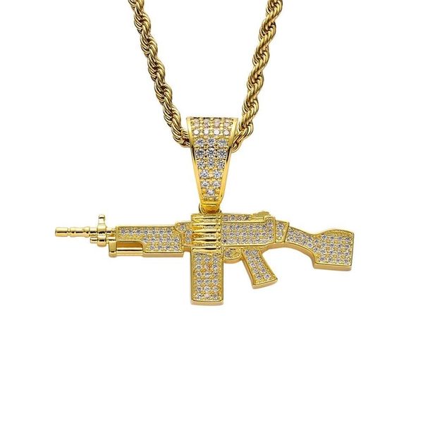 

hip hop micro pave aaa cubic zirconia bling iced out ak 47 cs go gun pendants necklace for men hiphop rapper jewelry gold color 201013, Silver
