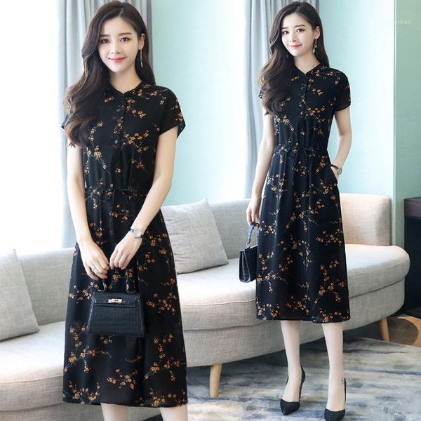 

2020 summer new black floral print vintage dress plus size midi dresses korean elegant women party short sleeve bodycon vestidos1, Black;gray