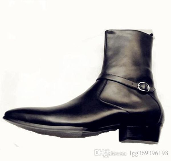 

high end handmade slp cow leather pointed toe men boots real picture ankle strap leather belt waytt catwalk fashion boots, Black