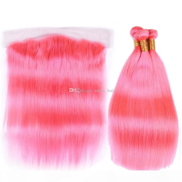 

silk straight human hair weaves with lace frontal closure pink hair bundles with lace frontal brazilian virgin hair extension 4pcs lot, Black;brown