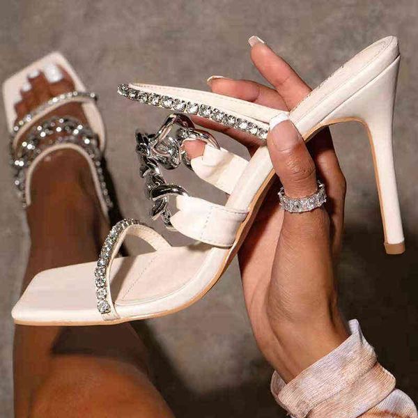 

large size women's high heels sandals, square head high heels and metal chains, roman informal slippers, 2022, Black