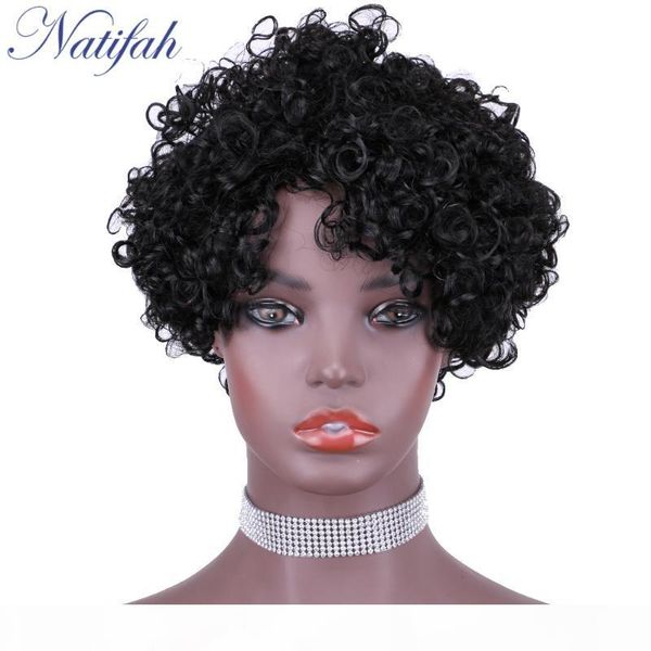

natifah 7inch afro curly hair short kinky curly synthetic hair black color with pre plucked for woman