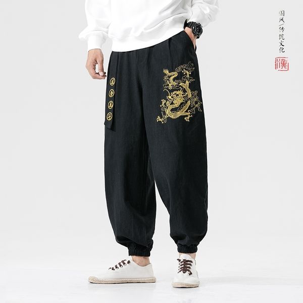 Mrdonoo estilo chinês dragão bordado casual harem calças de perna larga calças com cinto solto tornozelo bandas calças macho 201110