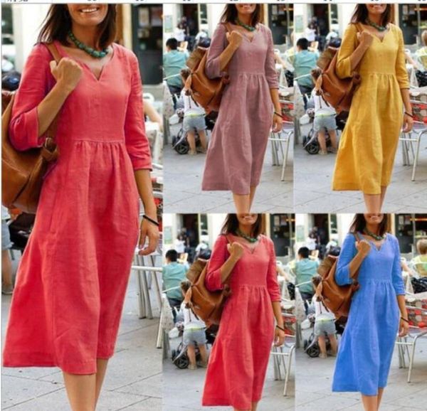 

cotton 2020 large v-neck women's casual linen dress, Black;gray