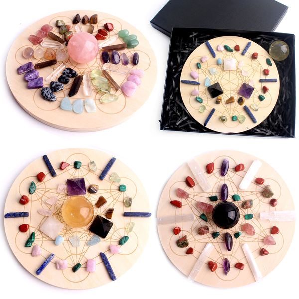 Natürliche Amethyst Kugel Kugel Gemischte Sieben Sterne Array Holz Platte Edelsteine Kristall Set Kies Selenit Heilung Fengshui Wohnkultur Geschenk 201125