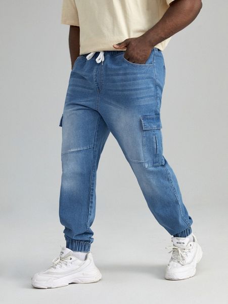 

extended sizes men drawstring waist cargo jeans s6ga#, Blue