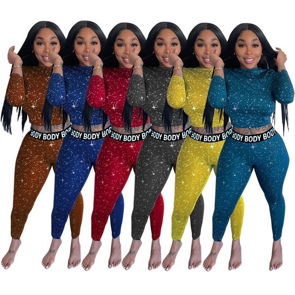 

women tracksuit body letters long sleeves t shirts star shining powder crop pullover leggings pants two piece outfit bodysuit g20101, White