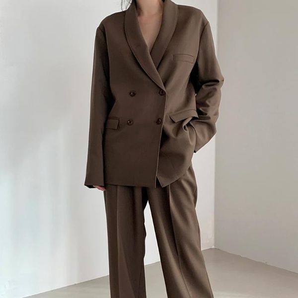 

women's two piece pants elegant women pant suits double-breasted blazer jacket high waist 2 pieces-set office lady style work, White